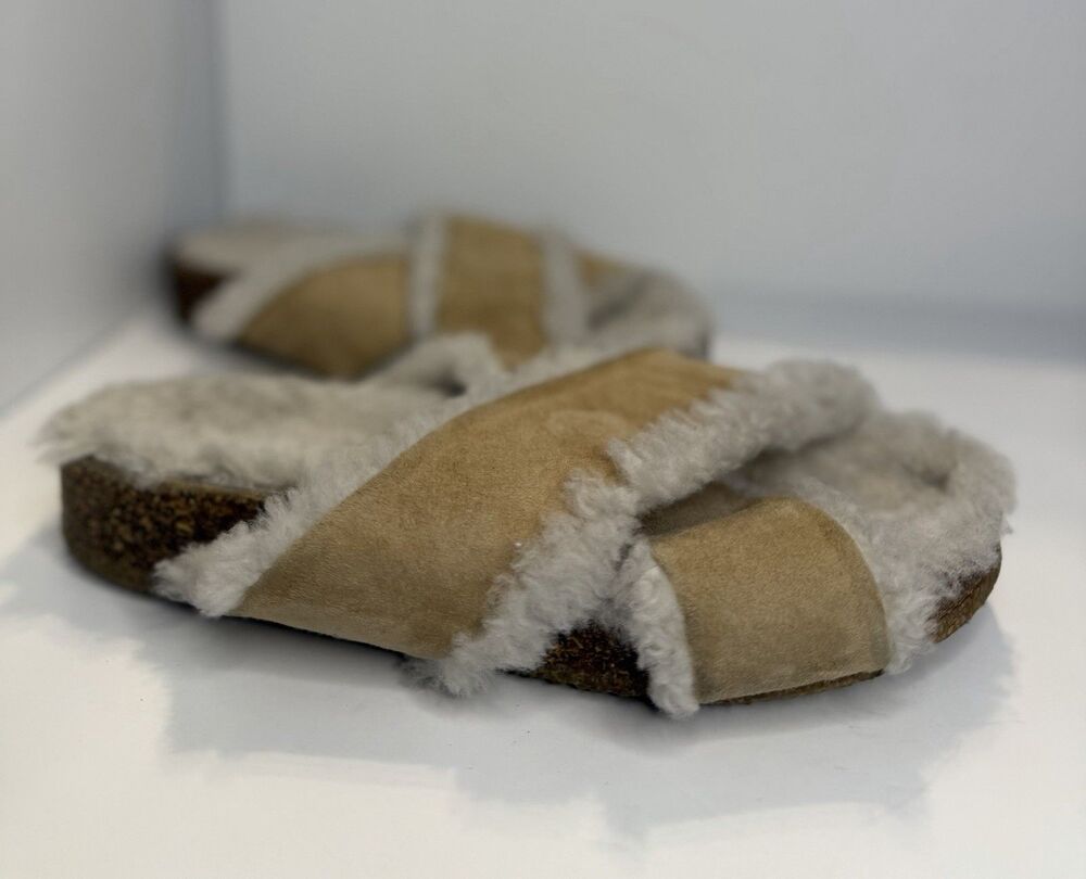 Jenni Kayne Suede Shearling Lined Slide Slippers Beige/White EU 39 US 8.5 $270